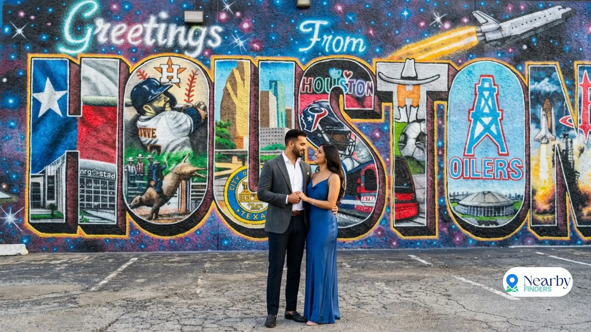 Best Houston street art murals EaDo district: A content creator capturing photos of vibrant graffiti art and colorful wall murals in the urban warehouse area