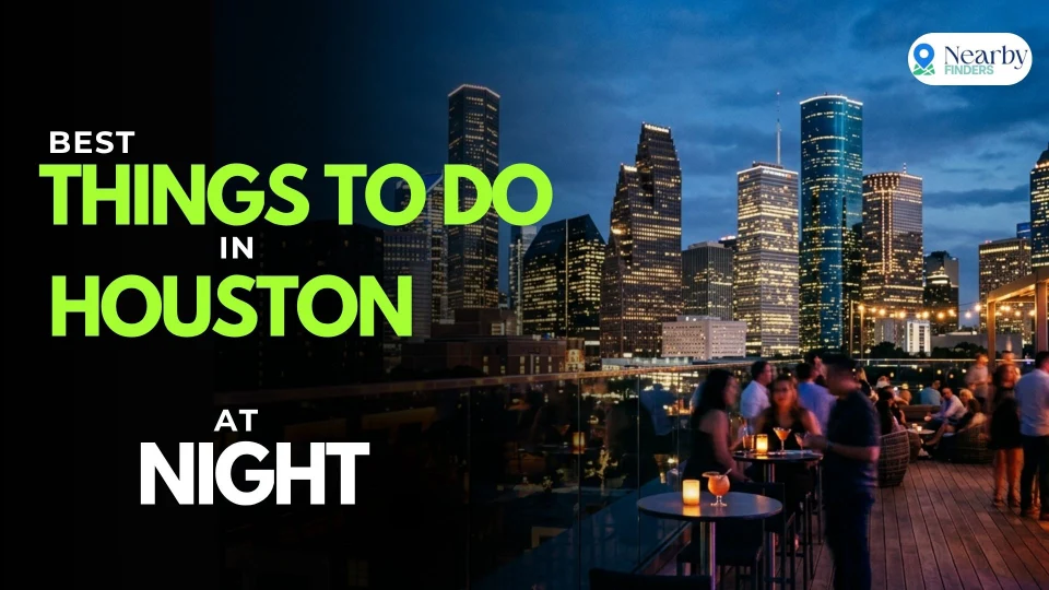 Houston skyline at night featuring rooftop bars, downtown nightlife, live music venues, and late-night attractions in Houston Texas