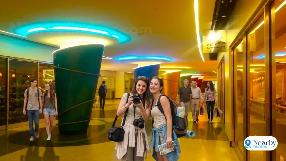 Best things to do in Houston downtown tunnel system underground: Two female travelers with professional cameras exploring the modern illuminated subterranean walkways while other pedestrians walk between retail shops