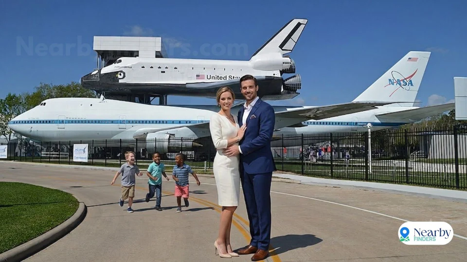 Best things to do in Houston Space Center Independence Plaza: A well-dressed couple standing in front of the historic NASA shuttle carrier aircraft and Independence replica while kids play in the background