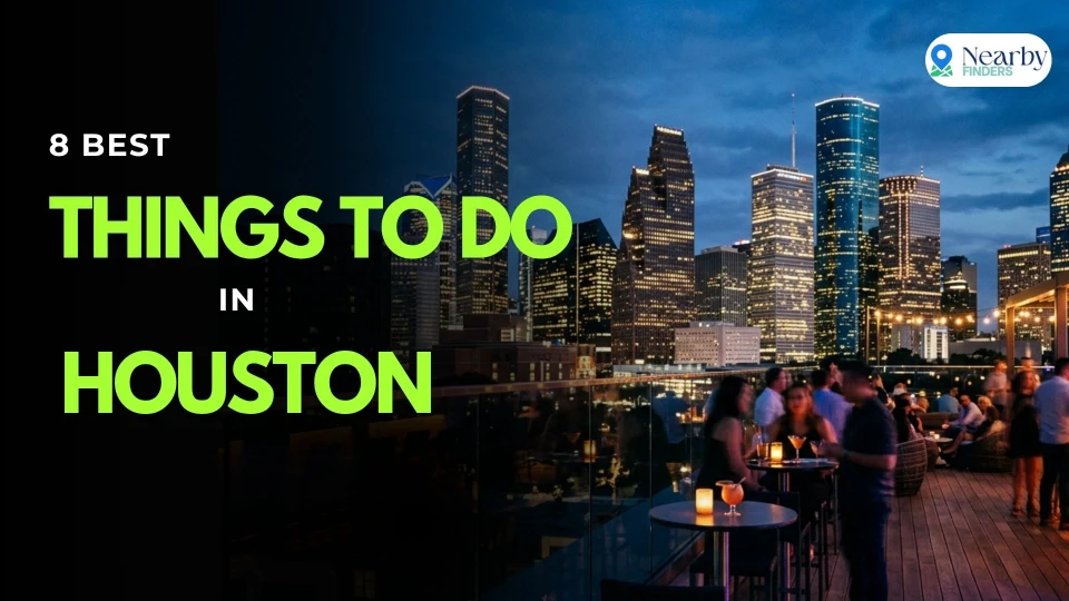 8 Best Things To Do in Houston Texas: People relaxing at a beautiful rooftop lounge bar with cocktail tables overlooking the illuminated downtown skyline buildings at night