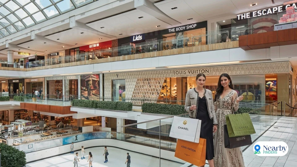 Best things to do in Houston The Galleria shopping mall: Two stylish women holding luxury shopping bags while standing near the glass atrium balcony overlooking the indoor ice skating rink and high-end boutiques