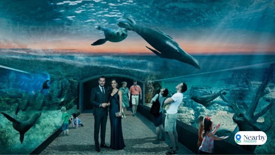 Best things to do in Houston Zoo sea lion tunnel: An elegant couple standing inside a magnificent glass underwater viewing tunnel with sea lions swimming overhead as families explore the exhibits