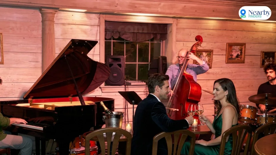 A well-dressed couple enjoying wine during a live jazz performance featuring a grand piano and double bass at Cezanne in Houston, TX