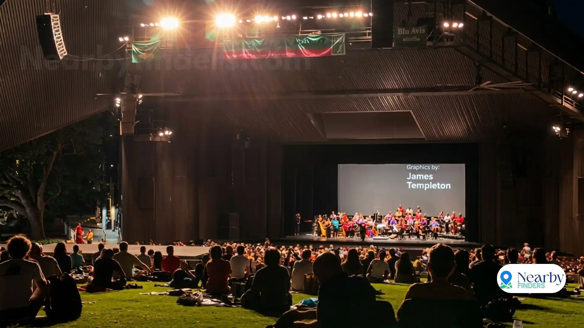 Free outdoor events Houston Miller Theatre festivals: A large crowd enjoying a live music concert and community gathering on the lawn under the stars