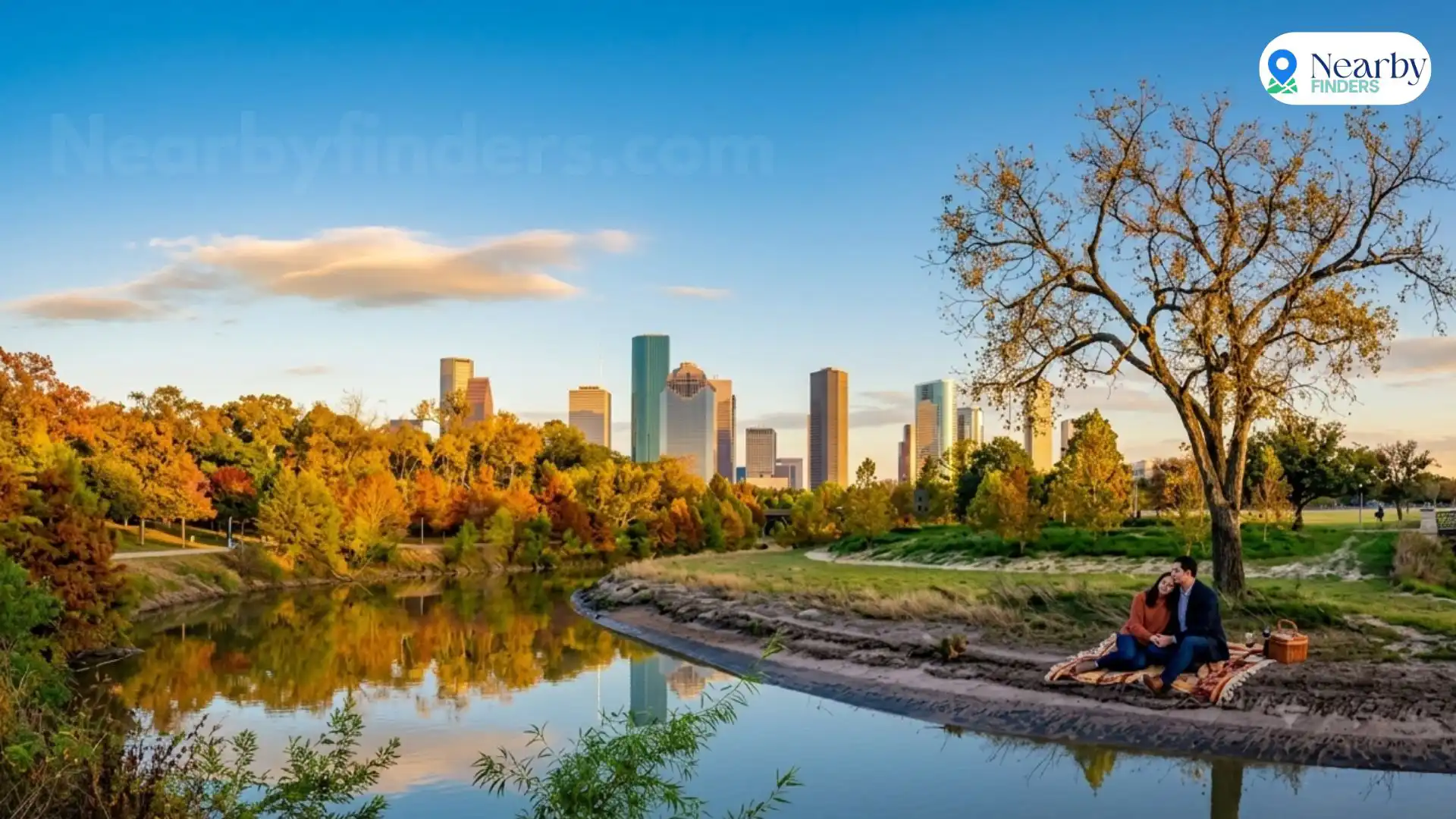 Romantic thing to do in houston: A romantic couple standing on a green pedestrian bridge at Buffalo Bayou Park during a scenic golden hour sunset