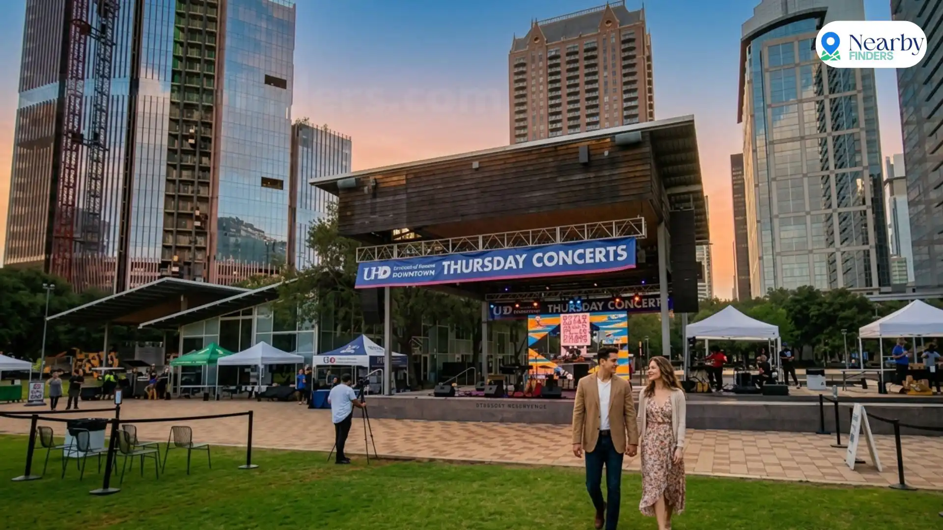 Free things to do in Houston: A happy couple walking through the green lawn of Discovery Green park with downtown skyscrapers in the background