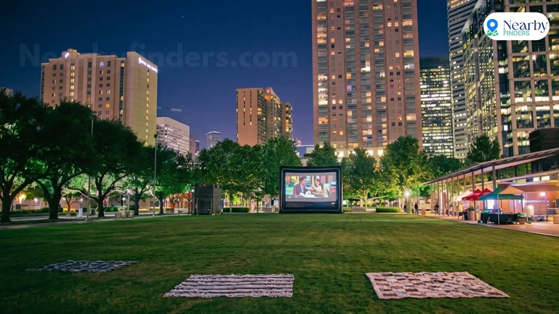 Free things to do in Houston: Visitors relaxing under the trees on a vibrant evening at Discovery Green park surrounded by illuminated city buildings