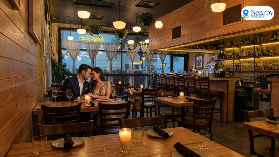 A romantic couple sharing a dinner plate under warm lighting inside the cozy, wooden bistro interior of Nancy’s Hustle in Houston