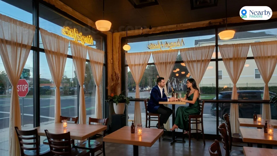 A young couple sitting by a large glass window wall during an intimate date night at Nancy’s Hustle restaurant in EaDo Houston