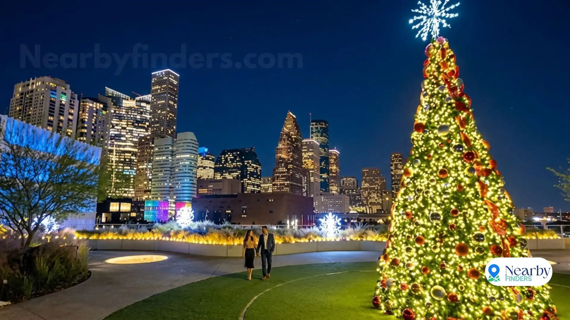 POST Houston Skylawn free rooftop views downtown skyline: A couple walking on the green rooftop garden next to a beautifully illuminated holiday tree with glowing city skyscrapers at night