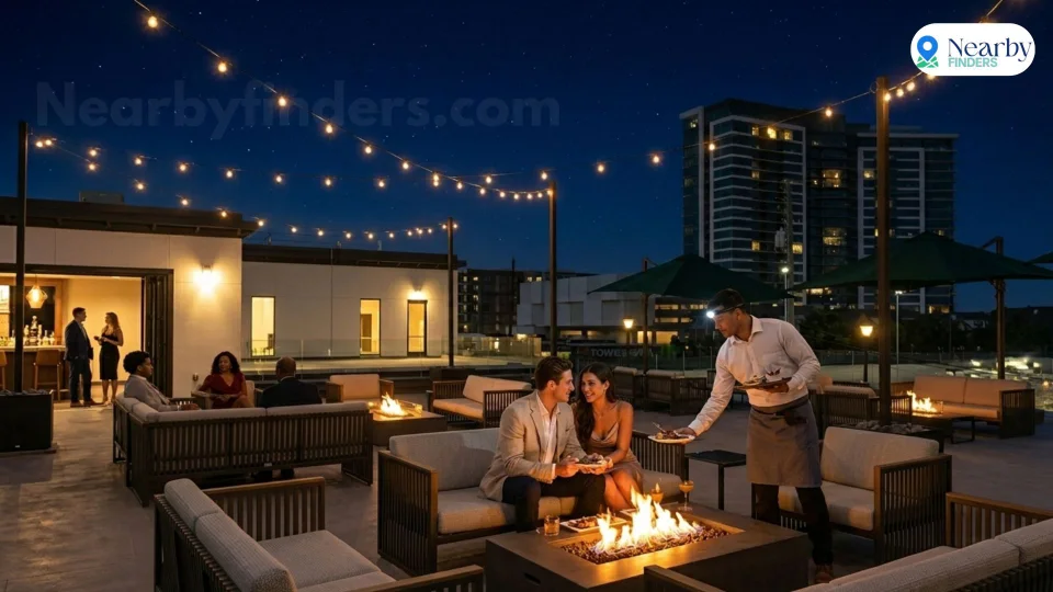 Romantic restaurants for couples in Houston: A couple enjoying food on the rooftop patio lounge with fire pits and string lights at Georgia James steakhouse