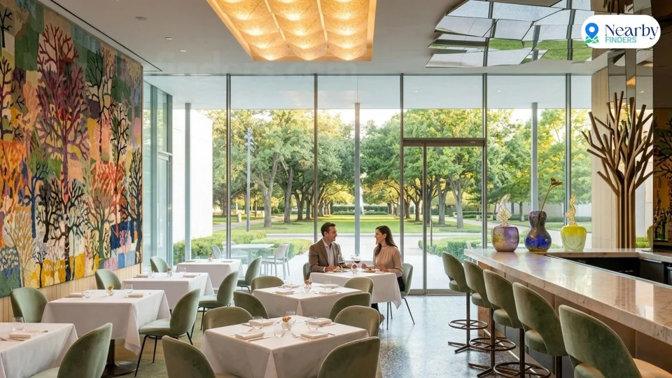 Romantic restaurants for couples in Houston: A couple dining next to a large glass window overlooking a manicured garden inside Le Jardinier fine dining restaurant