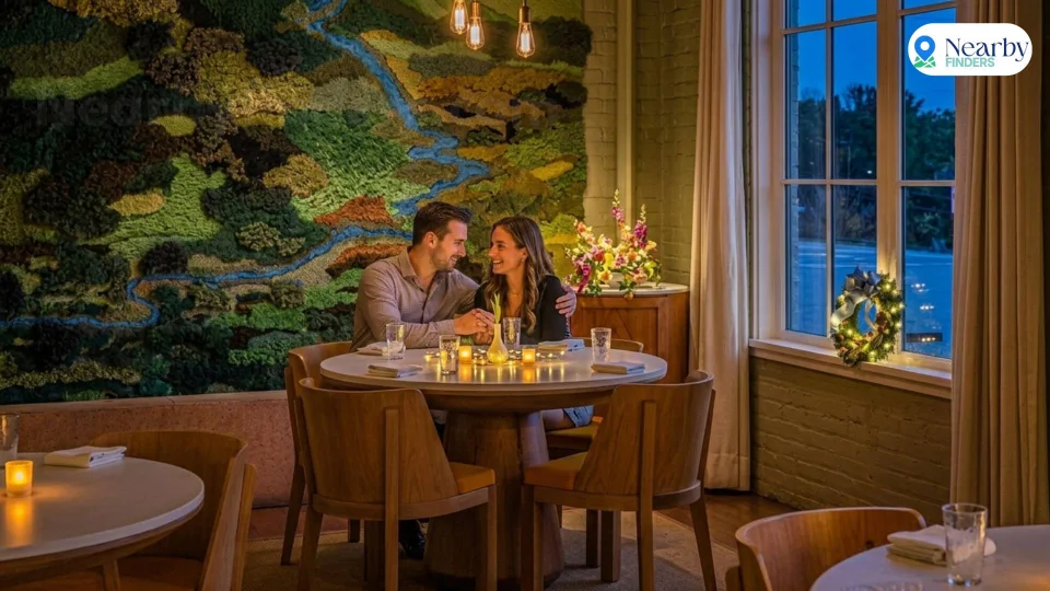 Romantic restaurants for couples in Houston: A couple holding hands at a candlelit round wooden table next to a beautiful moss wall art inside March restaurant