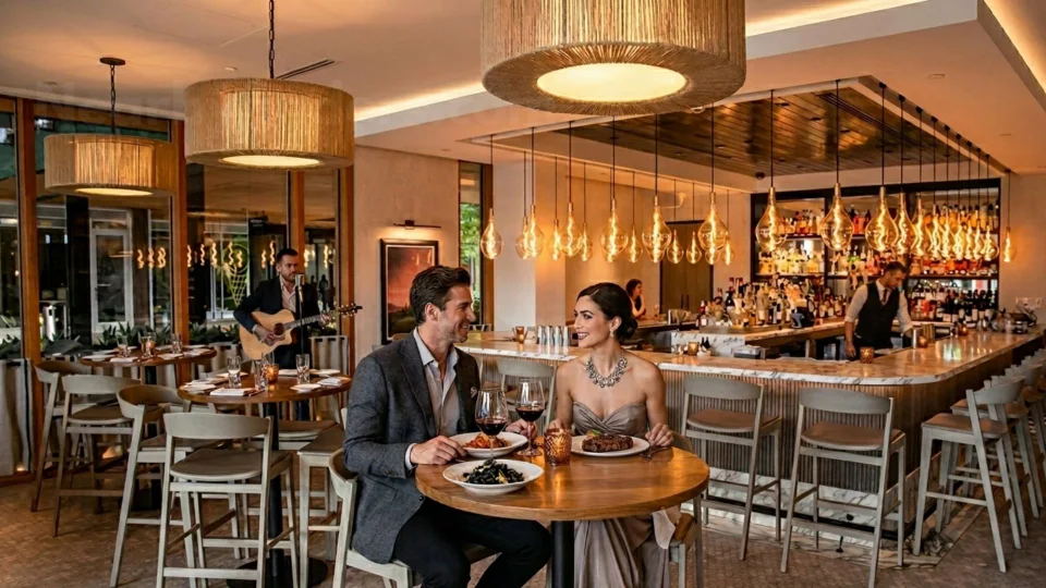 Romantic restaurants for couples in Houston: A glamorous couple dining near a marble bar with live guitar music inside Marmo Italian restaurant in River Oaks