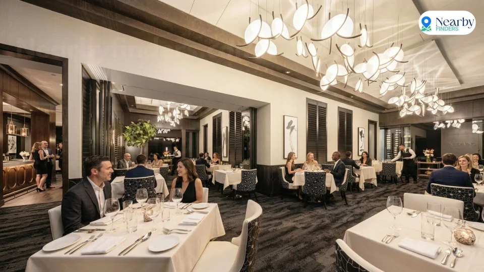 Romantic restaurants for couples in Houston: Couples dining at elegant white tablecloth tables under artistic modern chandeliers inside Potente luxury Italian restaurant