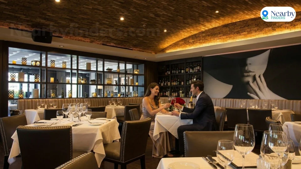 Romantic restaurants for couples in Houston: An elegant couple toasting with wine glasses in the moody, brick-ceiling dining room with warm lighting at Steak 48 Houston