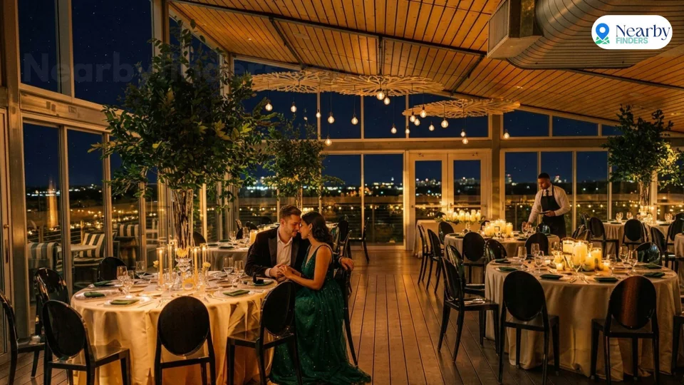 Romantic restaurants for couples in Houston: A couple dining at a round table inside The Grove with floor-to-ceiling windows overlooking the city skyline at night