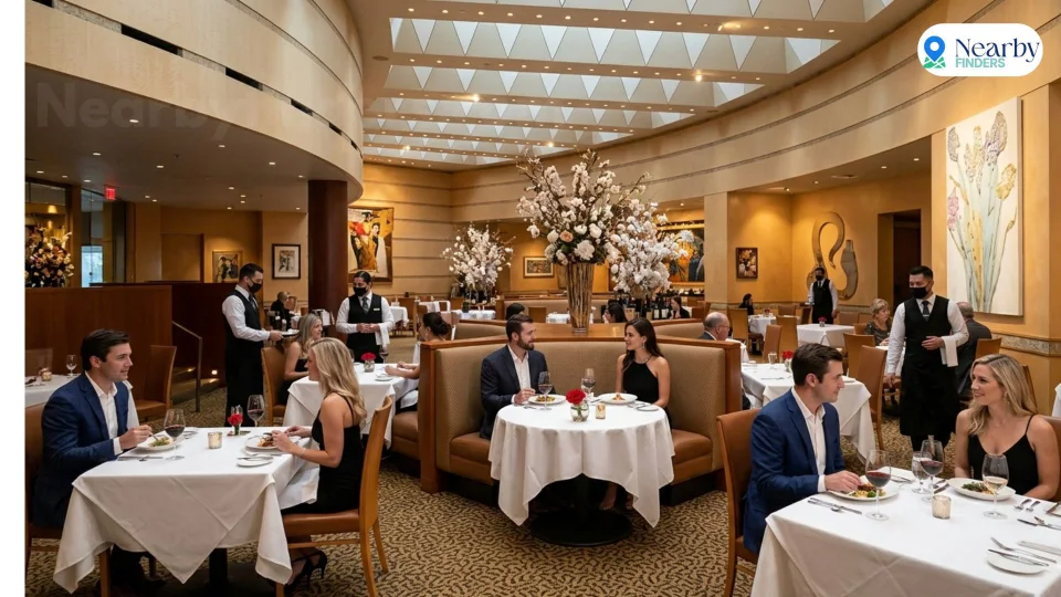 Romantic restaurants for couples in Houston: Formally dressed couples enjoying fine dining at white-tablecloth tables and private booths inside Tony's restaurant