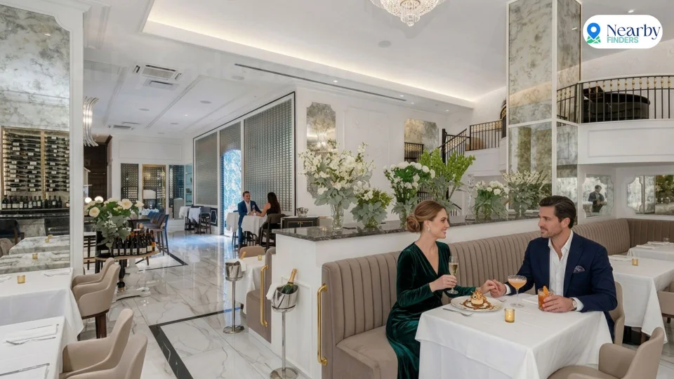 Romantic restaurants for couples in Houston: An elegant couple dining in a luxury booth with white tablecloth service at Turner’s Cut steakhouse