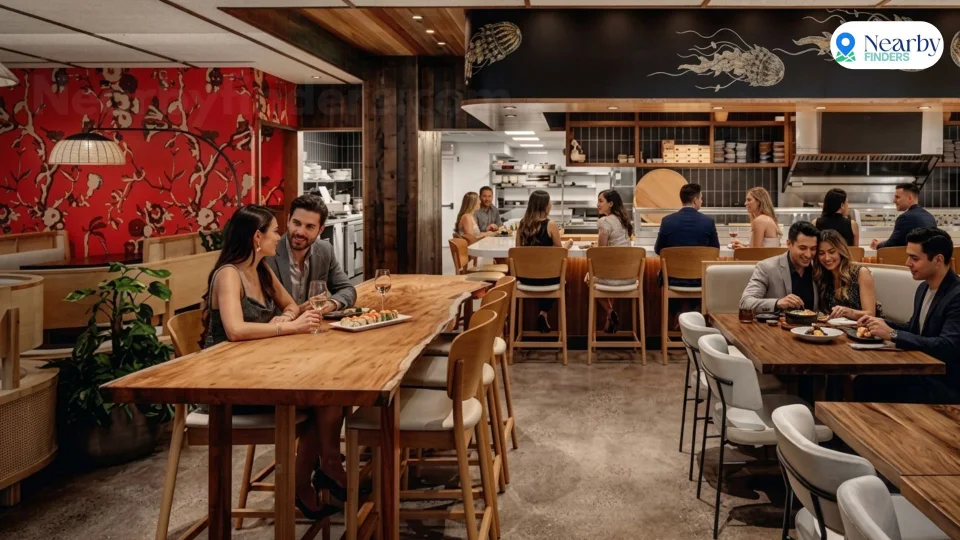 Romantic restaurants for couples in Houston: Couples sharing fresh sushi plates at a natural wood table next to the lively sushi bar inside Uchi restaurant