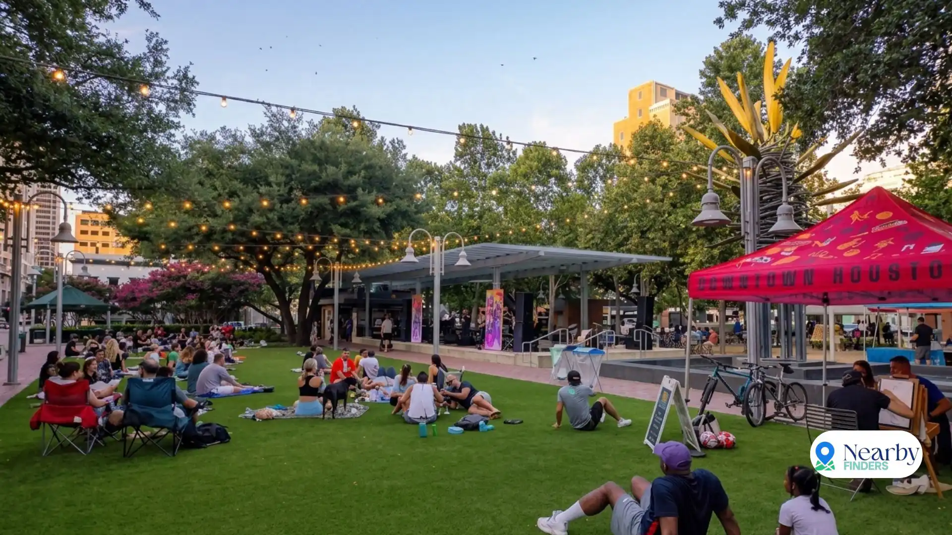 Self-guided downtown Houston walk Market Square Park tunnels: Local residents relaxing on the green lawn under festive string lights during a community gathering at Market Square Park