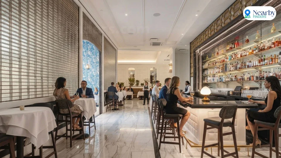 People sitting at a long, elegant marble bar counter with premium spirits on shelves inside the upscale Turner’s Cut restaurant in Houston