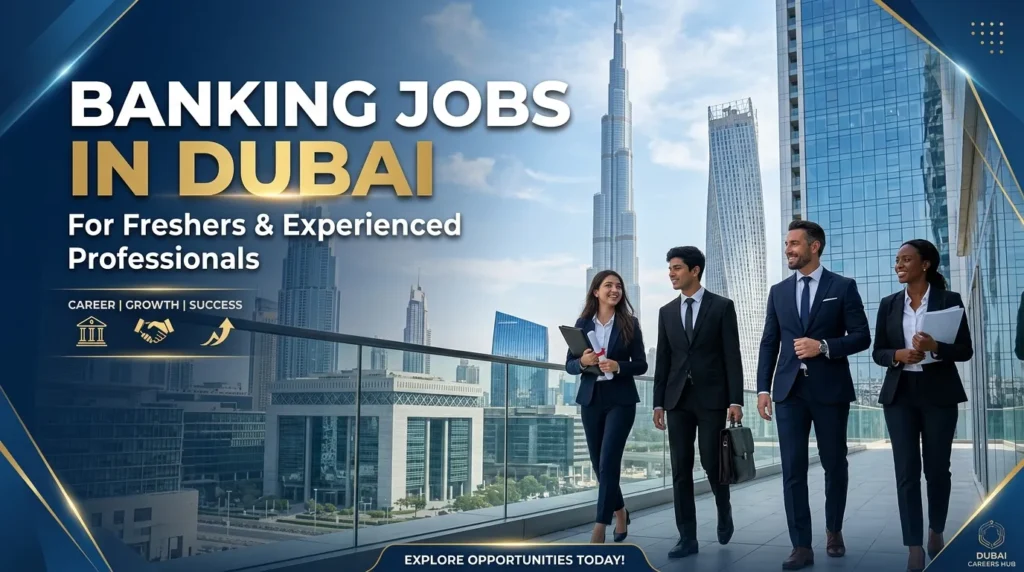 Banking jobs in Dubai 2026 featuring banking professionals, Dubai skyline, salary guide, top UAE banks, certifications, and career opportunities for freshers and experienced candidates.