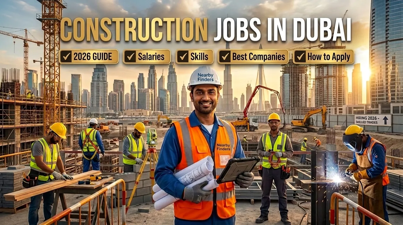 Construction workers and engineer at a Dubai construction site with skyline, cranes and mega projects representing construction jobs in Dubai, salaries, skills and hiring guide for 2026.