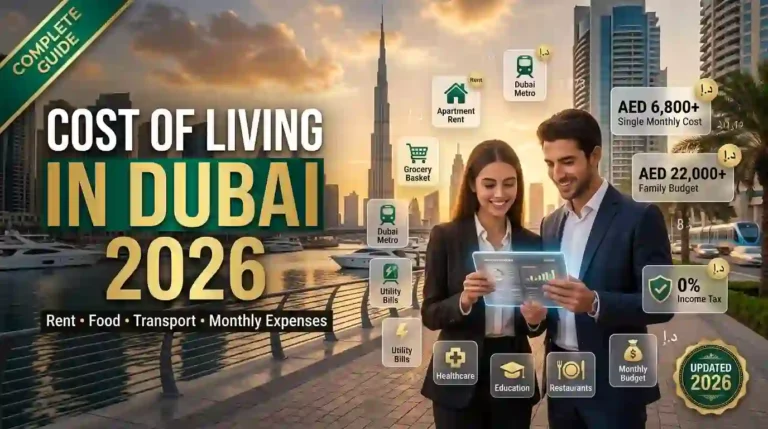 Cost of Living in Dubai 2026 showing average rent, food, transport, healthcare, and monthly living expenses in Dubai for singles and families.