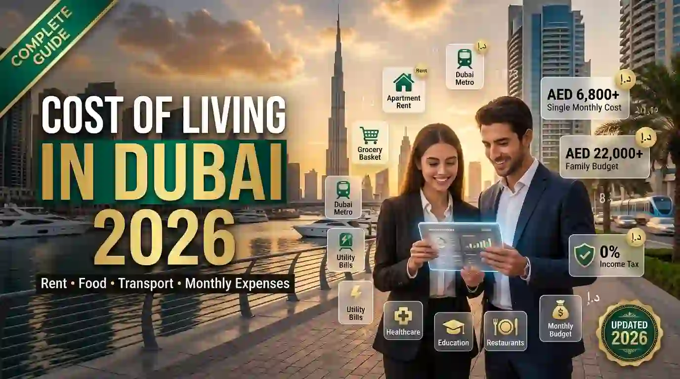 Cost of Living in Dubai 2026 showing average rent, food, transport, healthcare, and monthly living expenses in Dubai for singles and families.