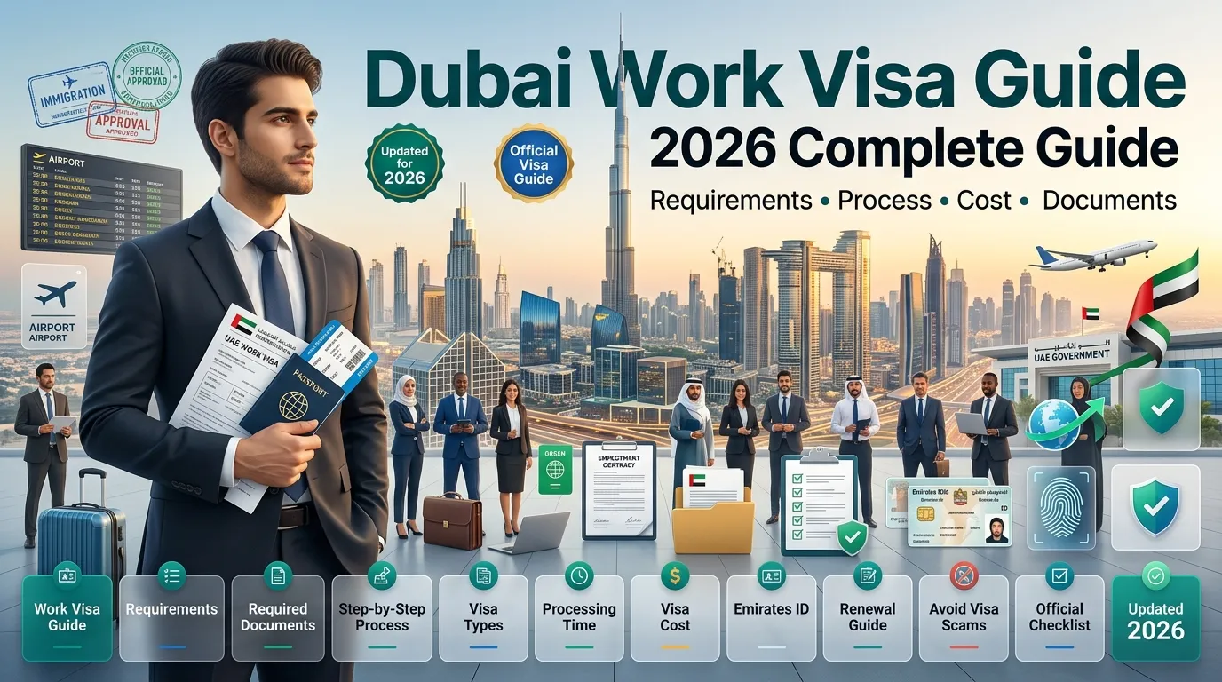 Dubai Work Visa Guide 2026 showing visa requirements, documents, application process, Emirates ID, processing time, visa costs, and UAE government work visa information.