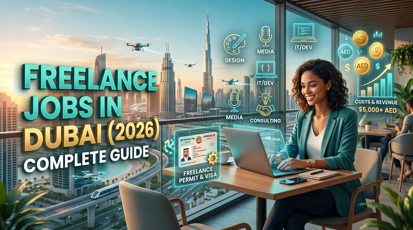 Freelance jobs in Dubai 2026 showing a freelancer working on a laptop with Dubai skyline, freelance visa, permit, income opportunities, and digital careers.