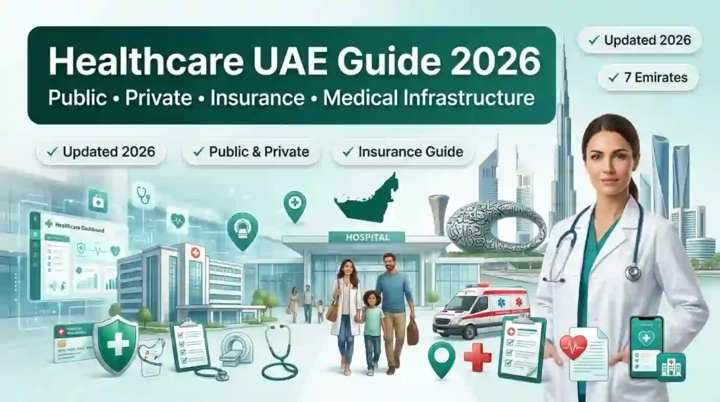 Healthcare UAE Guide 2026 showing a doctor, modern hospitals, UAE skyline, healthcare infrastructure, medical insurance, emergency ambulance, and healthcare services across the seven emirates.