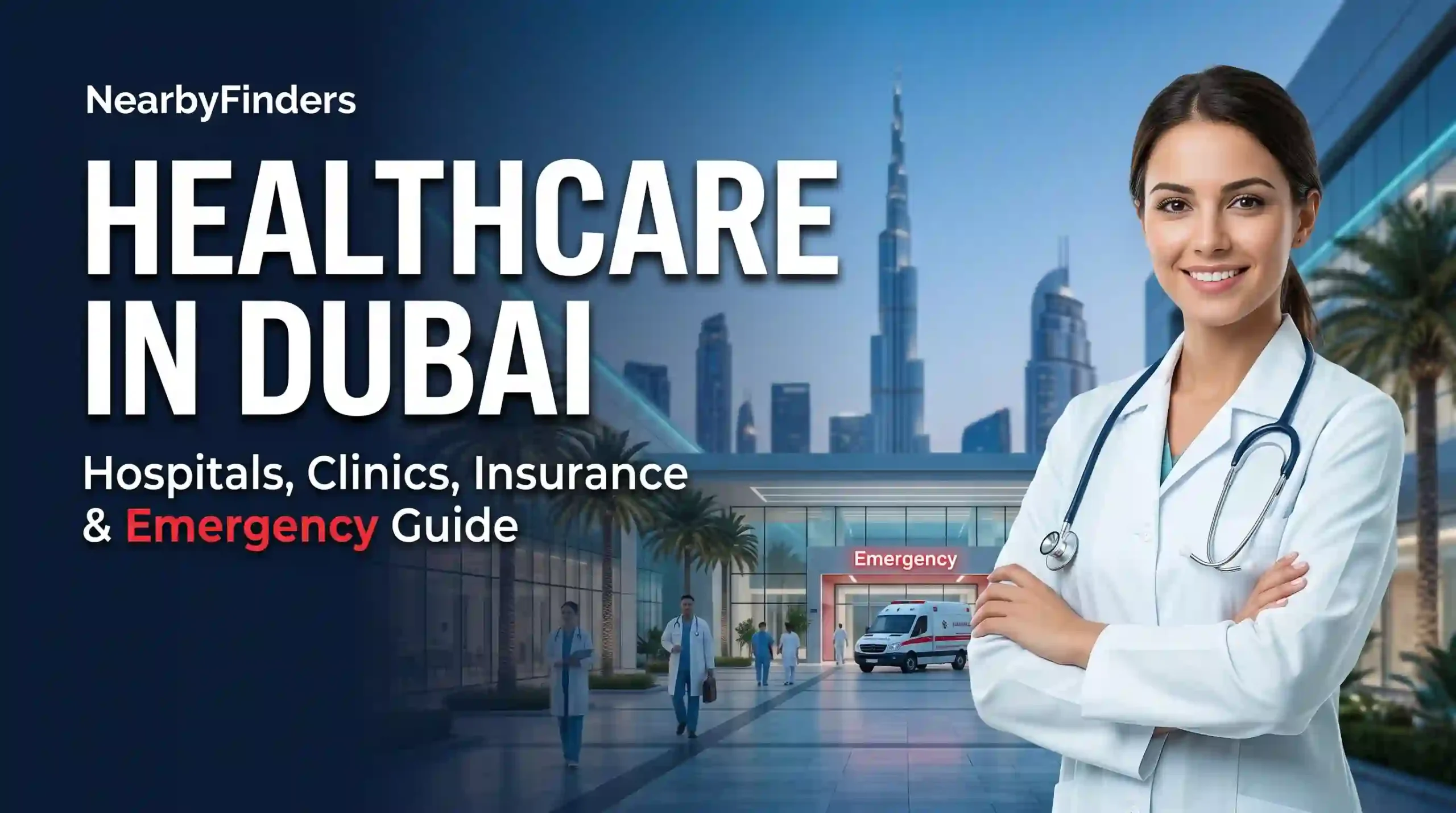 Healthcare in Dubai guide showing a female doctor with Dubai skyline, modern hospital, emergency entrance, and information about hospitals, clinics, health insurance, and emergency medical services.