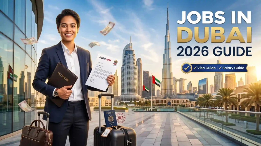 Professional job seeker holding a CV and Dubai job offer with Burj Khalifa skyline, representing Jobs in Dubai 2026 guide, salary information and work visa process.