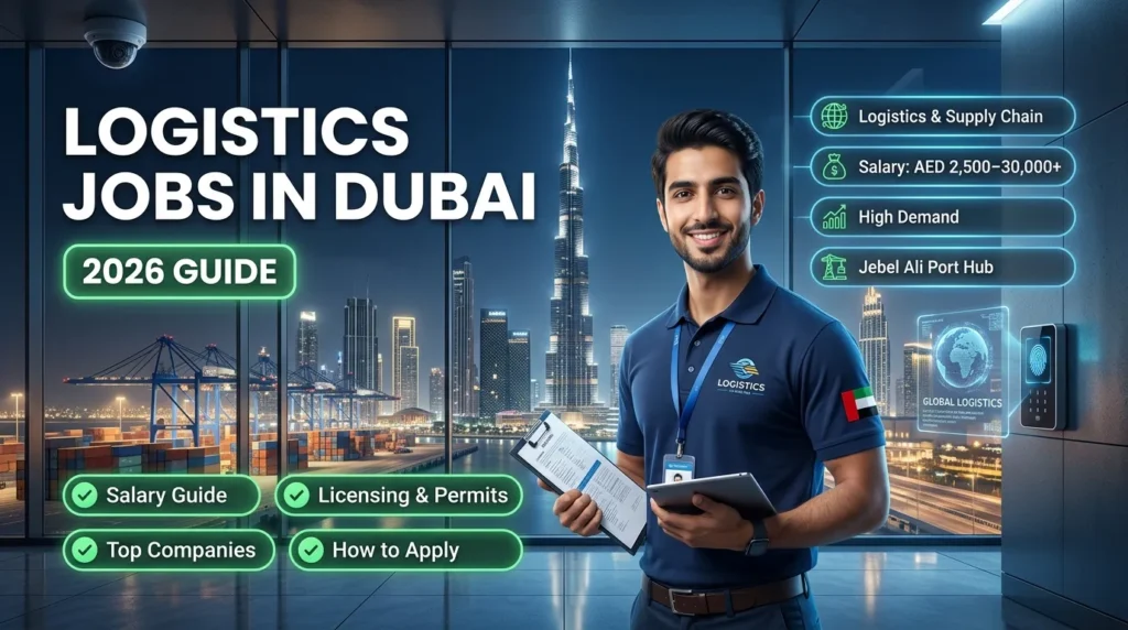 Logistics jobs in Dubai 2026 featuring a logistics professional with Dubai skyline, Jebel Ali Port, salary guide, top companies, licensing requirements, and how to apply.