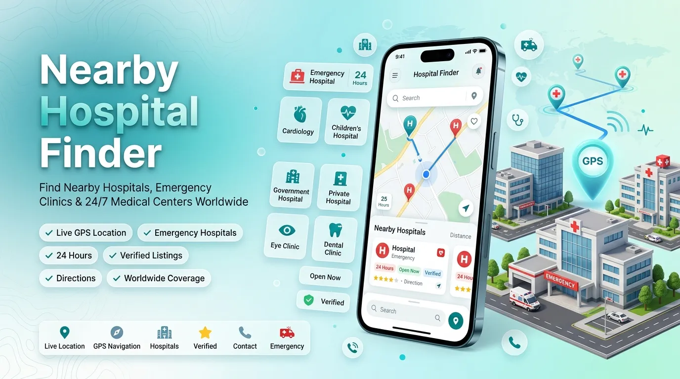 Nearby Hospital Finder showing a mobile map with GPS navigation, emergency hospitals, private and government hospitals, verified listings, and 24/7 medical centers worldwide.