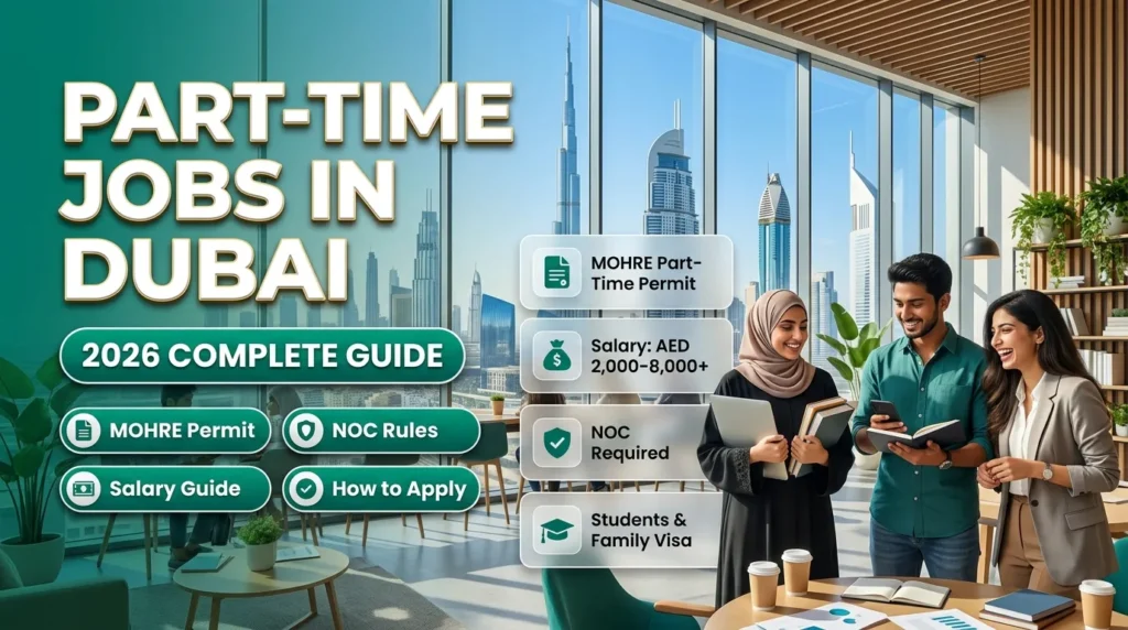 Part-time jobs in Dubai 2026 featuring students and professionals with Dubai skyline, MOHRE permit, NOC rules, salary guide, and job application information.