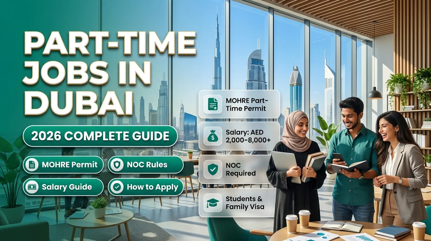 Part-time jobs in Dubai 2026 featuring students and professionals with Dubai skyline, MOHRE permit, NOC rules, salary guide, and job application information.
