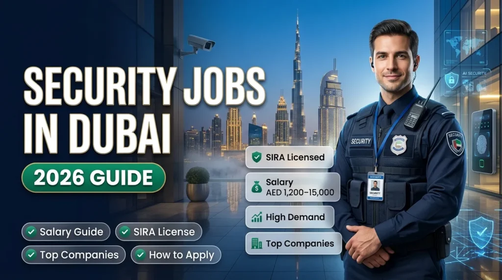 Security officer standing in Dubai skyline with Security Jobs in Dubai 2026 guide highlighting SIRA license, salary range, top companies, and application process.