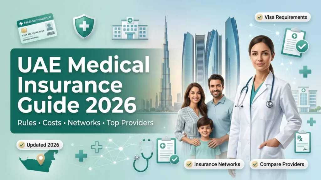 UAE Medical Insurance Guide 2026 showing a doctor, expat family, Dubai skyline, health insurance card, hospital network, visa requirements and medical coverage information.
