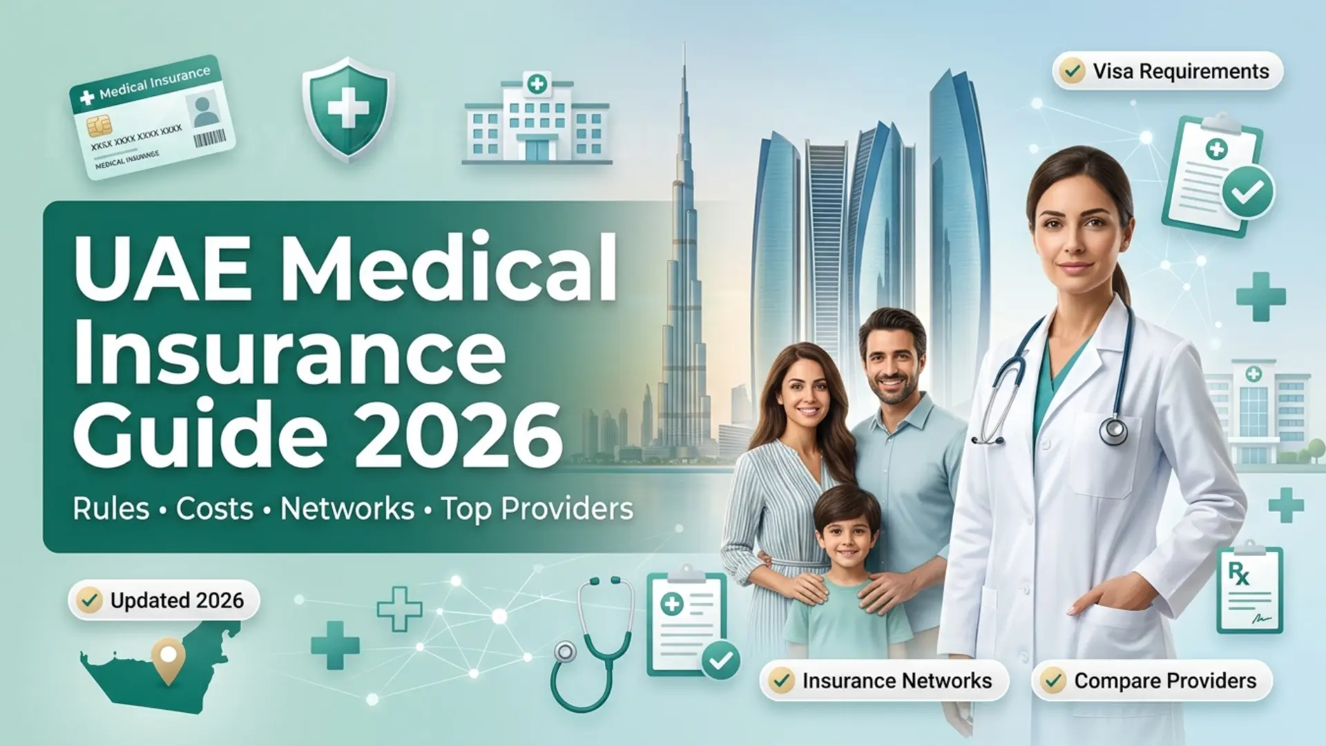 UAE Medical Insurance Guide 2026 showing a doctor, expat family, Dubai skyline, health insurance card, hospital network, visa requirements and medical coverage information.
