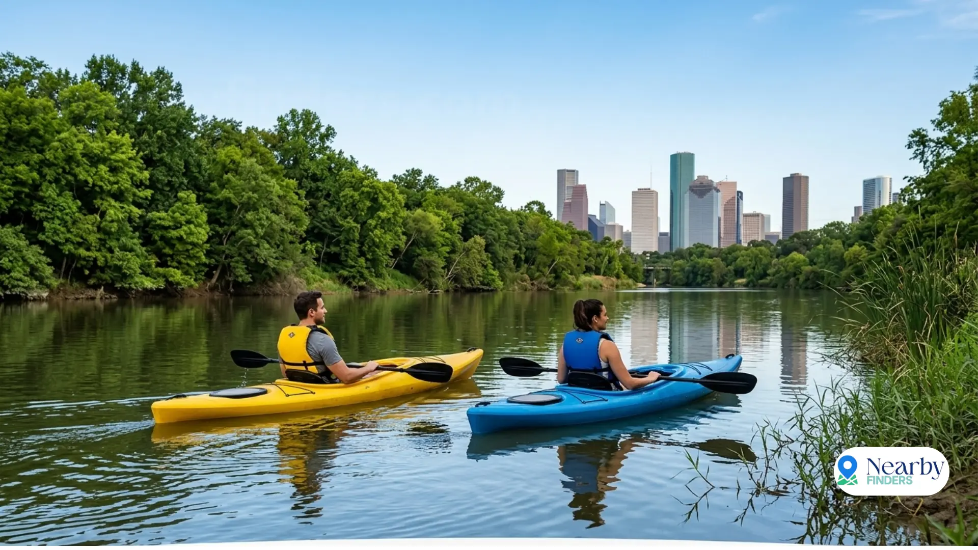 Go kayaking together on Buffalo Bayou for a romantic adventure: A couple paddling in yellow and blue kayaks on the calm water, surrounded by lush green trees with the Houston downtown skyline in the background
