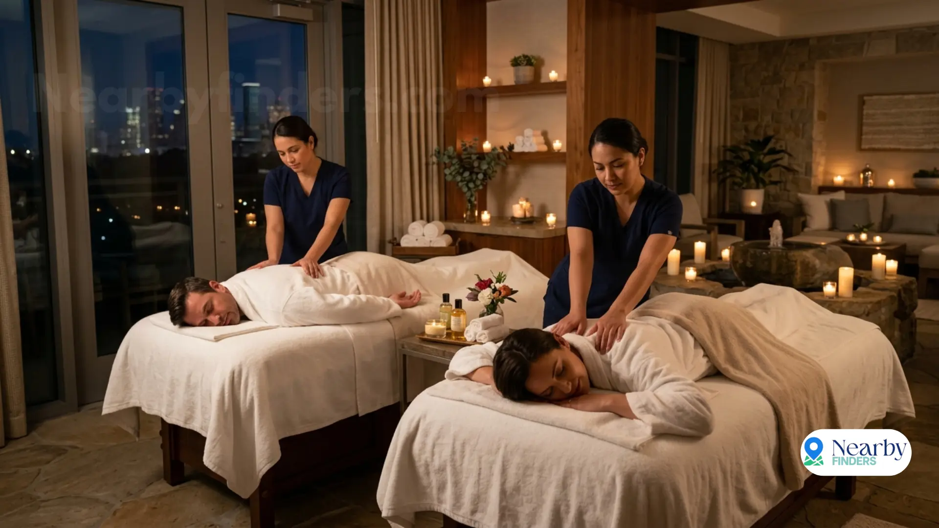 Book a luxury spa and couples massage experience in Houston: A man and woman relaxing on separate massage tables in a private luxury suite while receiving treatment from two professional therapists, surrounded by lit candles and cozy decor with a city view outside the window