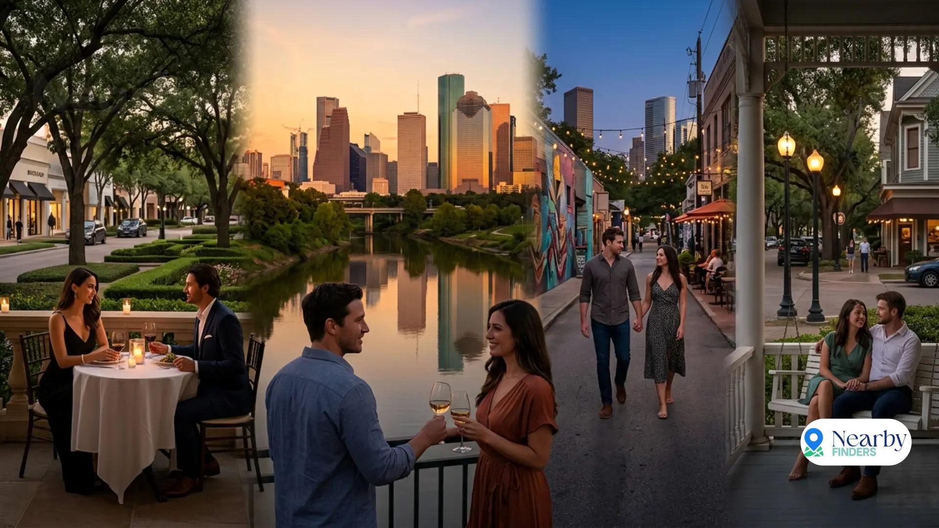 Most romantic neighborhoods in Houston for couples: A collage showcasing a couple enjoying outdoor dining in a luxury district, a couple toast with wine against the downtown skyline, a couple walking along a street lit with string lights, and a couple relaxing on a porch swing
