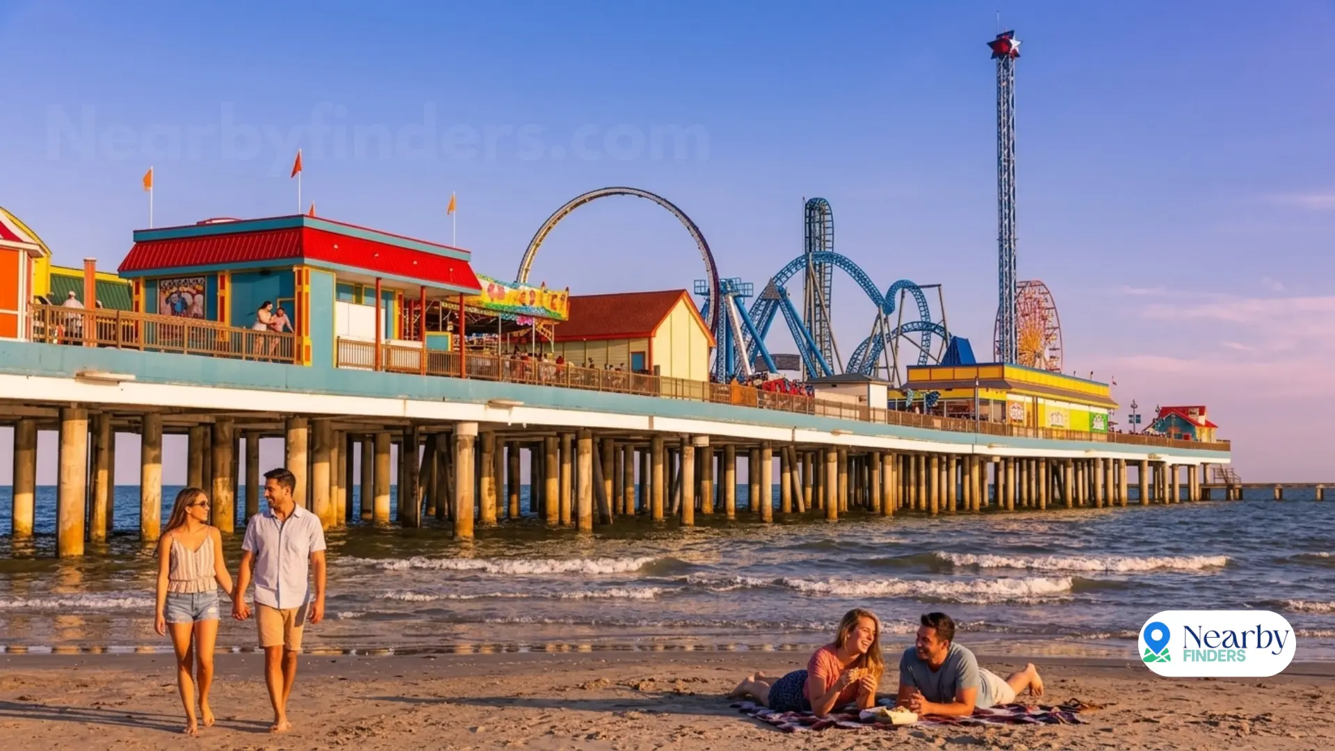 Romantic day trip to Galveston Island from Houston: A couple walking hand-in-hand along the beach and another couple enjoying a picnic on the sand, with the historic Pleasure Pier amusement rides and a sunset sky in the background