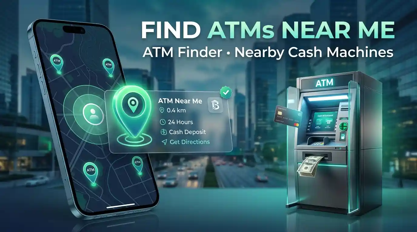 Nearby ATM Finder showing nearby ATMs and cash machines with live map locations, verified listings, bank details, and GPS directions.