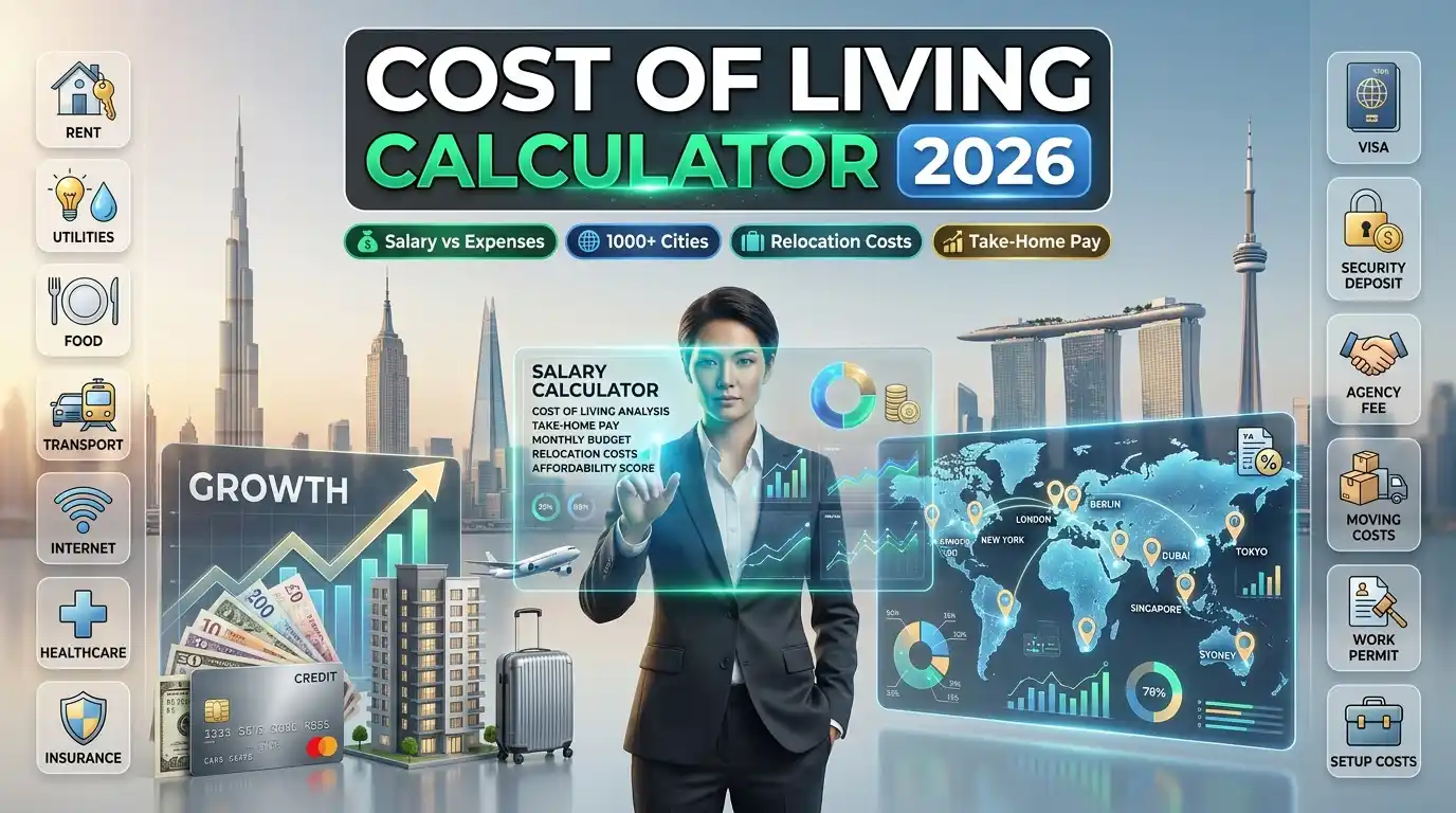 Cost of Living, Salary & Relocation Calculator showing take-home salary, monthly living costs, relocation expenses, affordability score, and worldwide city comparison.