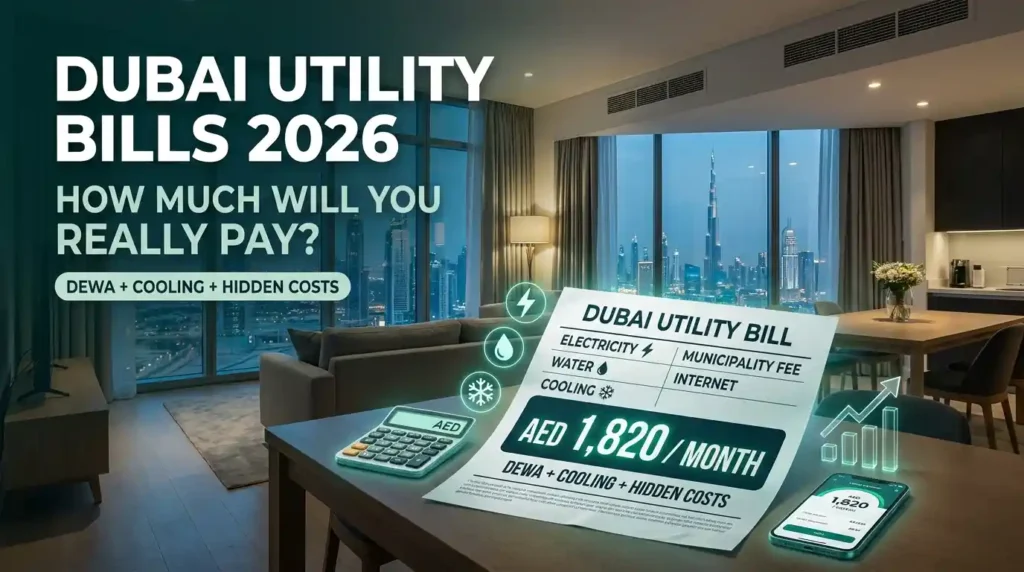 Dubai utility bills 2026 showing DEWA electricity, water, cooling and hidden costs